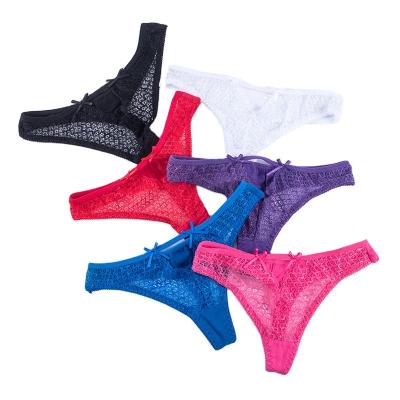 China New Antibacterial Cavity Bead Cavity Low Waist Thong Temptation Lace Bow Briefs Lace Lingerie Panties Sexy Thong for sale