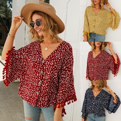 China Anti-Wrinkle Summer Sale V-Neck Button Polka Dot Fringed Top Hot T-Shirt for sale