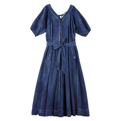 China 2021 summer stylish lapel European and American reduction age little girl loose denim skirt anti-wrinkle for sale