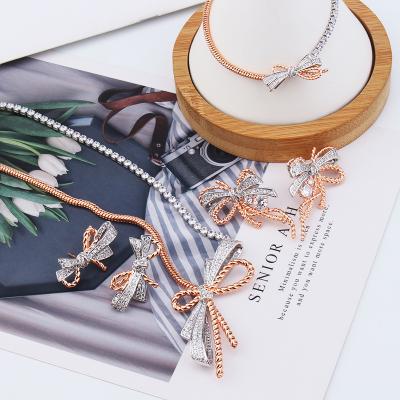 China Cute Jewelry Set Steel Fashion Tennis Crystal Necklace Rose Gold Thin Bracelet Silver Earrings for sale