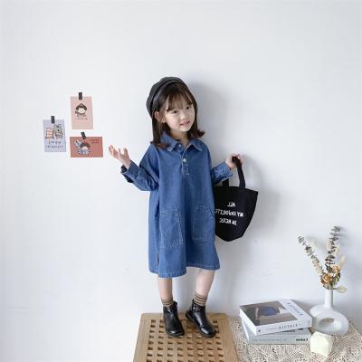 China Plus Size Ins Fashion Baby Dresses Pure Color Long Sleeve Cowboy Baby Dresses Girl Boutique Kids Dresses For Girls for sale