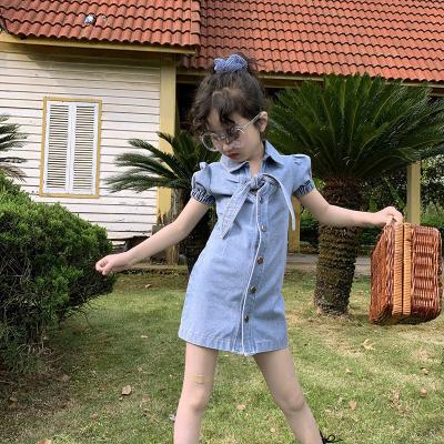 China Plus Size Girl Clothes Summer Cowboy Net Yarn Princess Dress Fly Sleeve Soft Denim Tulle Lovely Dresses Babies Dresses for sale