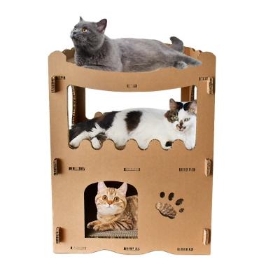 China Sustainable Collapsible Pet Houses Corrugated Cardboard Double-Tier Cats Villa Scratching Tower Scratch Boards Cat Scratcher for sale