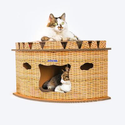 China Factory Direct Selling Sustainable Cat Scratcher Foldable Corrugated DEKU Cat House With Catnip Free for sale