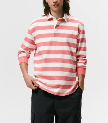 China custom embroidered Anti-wrinkle logo plus size 100% cotton pique long sleeve yarn dyed striped polo shirt for men for sale