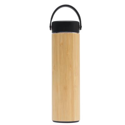 China Viable Engraved Bamboo Mug Stainless Steel Logo Wooden Beer Thermos Mug Double Wall Coffee Tumbler With Lid And Plastic Handle for sale