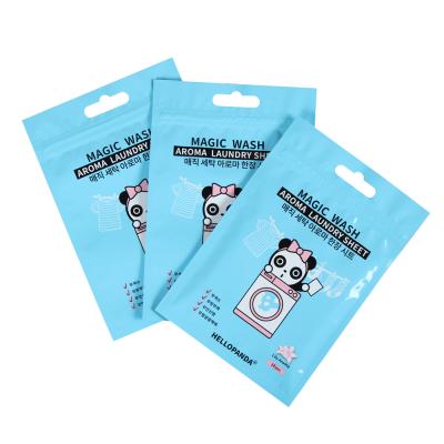 China Hot Barrier Arrivals Factory Hanging Cute Printing Laundry Tablet Sheet Detergent Zipper Top Packaging Bags for sale