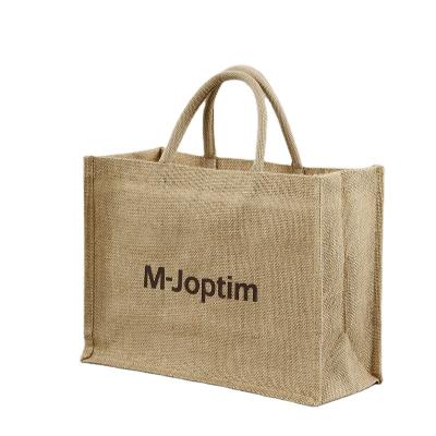 China Eco-Friendly Laminated Hessian Handled Reusable Burlap Beach Sack Canvas Shopping Tote Bags With Custom Logo for sale