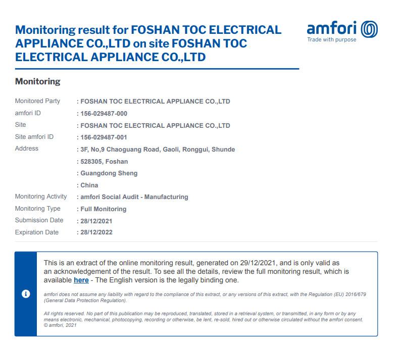 BSCI - Foshan TOC Electrical Appliance Co., Ltd.