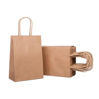 China Recycled Materials Custom Printed Clean Logo Brown Resistant To Disappear 12x7x14 Kraft Paper Take Out Bag With Twisted Handles Rope For Grocery Hair Shop for sale