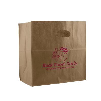 China Recycled materials cheap small 9 x 14 white green delivery square take out fast food package kraft paper paepr takeout bags with die cut handle for food for sale