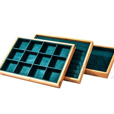 China Custom Made Velvet Cheap Bamboo Wooden Wooden Storage Morden Logo Jewelry Display Tray For Ring Earrings Necklace Stackable Pendant for sale