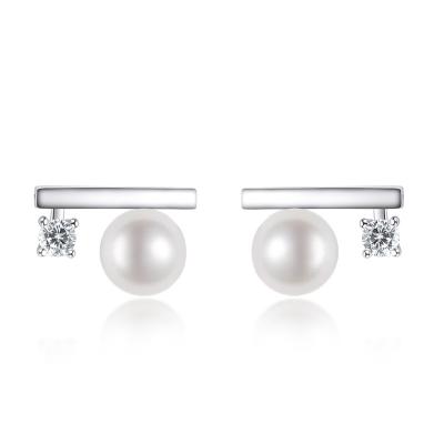 China TRENDY pearl sterling silver ear studs balance beam rhinestone pearl ear studs6.5-7mmFresh water pearl earrings for sale