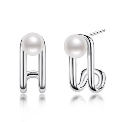 China Fashion TRENDY Geometric Stud Earrings Sterling Silver Pearl Geometric Pearl Stud Earrings For Women6mmExquisite Natural Pearl Earrings for sale