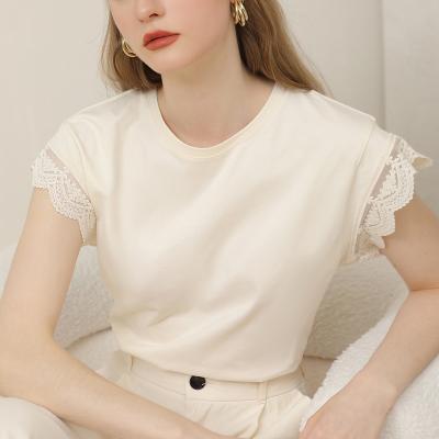 China 2023 Summer Women Girls Ladies Breathable Wholesale Ruffles Lace Up Patchwork Slim Short Sleeve T-Shirt Elegant Casual Solid O Neck Tops Shirt for sale