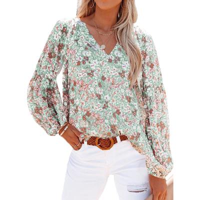 China MACTING Breathable Wholesale Women's Shirts Tops Chiffon Boho Floral Print Casual V-neck Long Sleeve Elegant Loose Blouses Women for sale