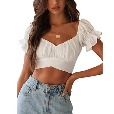 China MACTING Breathable Wholesale Price Womens Soft Short Puff Sleeve Ruched Bust Bow Front Crop Top Off Shoulder Tie Up Back Blouse Shirt for sale