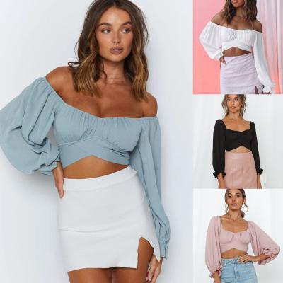 China MACTING Breathable Customize Cloth Wholesale Womens Cute Lantern Breath Sleeve Off The Shoulder Self Tie Knot Crop Tops Bardot Blouse for sale