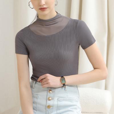 China 2023 Summer New Women's Ladies Women's Short Sleeve Solid Blank Breathable Girl's Short Sleeve Half Rise Top Mesh Perspective T-shirt Mock Neck Base Shirt for sale