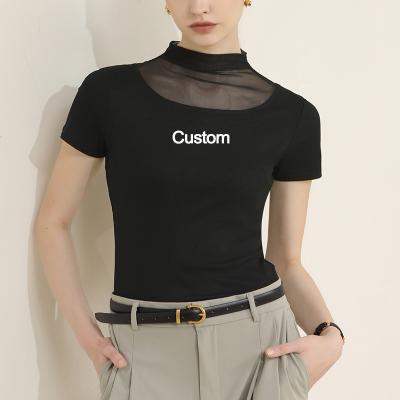 China 2023 New Spring Summer Breathable Wholesale Girls Ladies Tops Latest Design Shorts Sleeve Fake Neck Mesh Perspective Women Shirts T-shirt for sale