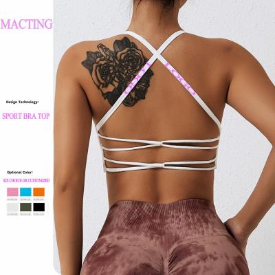 China MACTING Breathable High Quality Custom Nylon Spandex Fitness Yoga Wear Gym Workout Halter Bandage Cross Back Strap On Sports Bra For Women for sale