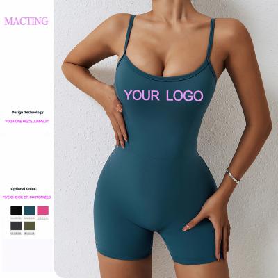 China Custom Logo Women's One Piece Bodysuit Yoga Workout Nude Jumpsuit Breathable Gym Workout Shorts Bodycon Backless Padded Jumpsuit for sale