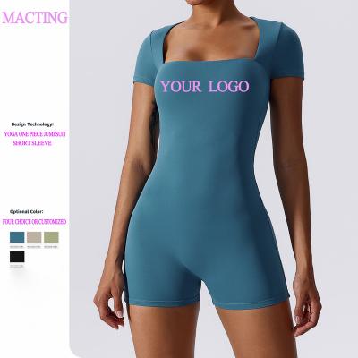 China Breathable Customize Cloth Logo Short Sleeve Fitness Dance Clothing Yoga One Piece Shorts Set Women Workout Black Romper Jumpsuit for sale