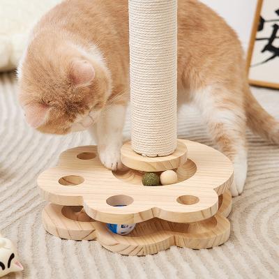 China Sustainable New Design Cat Scratching Post Eco-Friendly Wooden Board With Cat Rotary Toy for sale