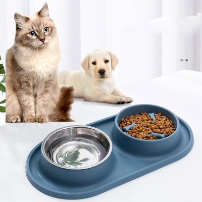 China New Dog Cat Pet Slow Feeder Bowl Stainless Steel Silicone Dog Eco-friendly Sustainable Cat Double Bowl Non Puddle for sale