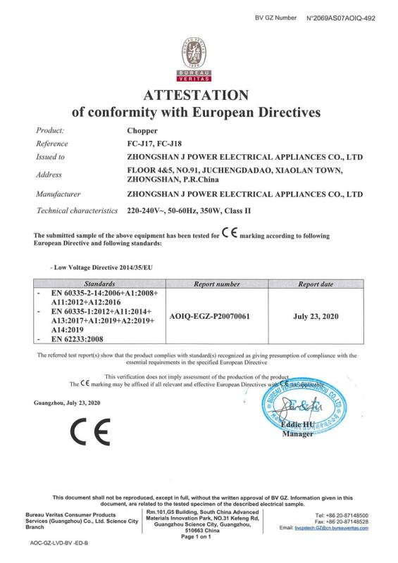 CE - Zhongshan J Power Electrical Appliances Co., Ltd.