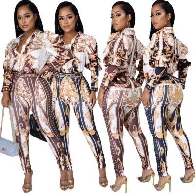 China QUICK DRY Hot Design Print Design Fashion Item Long Sleeve Women Skinny Pants Suit Set for sale