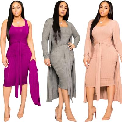 China Long Length Design Solid Color Waterproof Autumn Plus Size Women Clothing 2 Piece Set Women Dress for sale