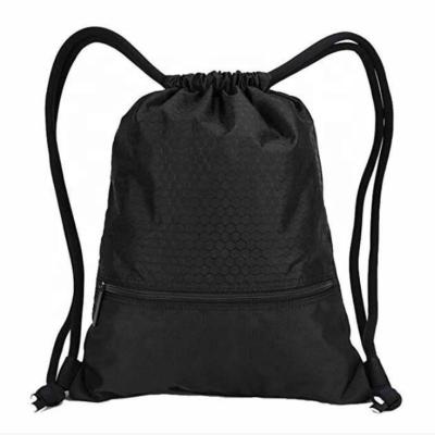 China 600D Polyester Waterproof Custom Gym String Backpack Large Logo Printing Nylon Drawstring Bag With Front Zipper Pocket for sale