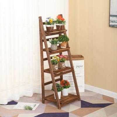 China Wholesale Wooden Garden Decor Foldable 4 Tier Ladder Rack Flower Planter Stand Indoor Foldable Design for sale