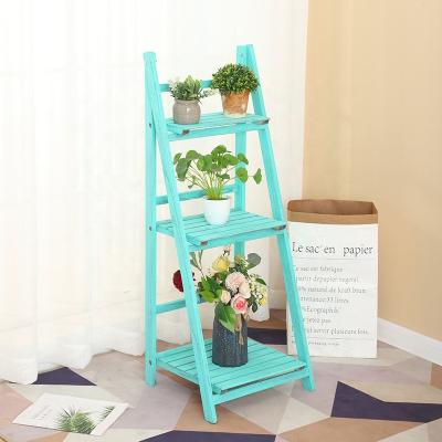 China Corner Collapsible Shelf Decor Display Rack Indoor Outdoor Vintage A Form 3 Tier Plant Folding Wood Rack for sale