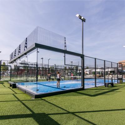 China Panoramic Padel Court Glass Padel Stadium 10*20m White Black Customized With LED Flood Light / Steel Post / Steel Mesh for sale