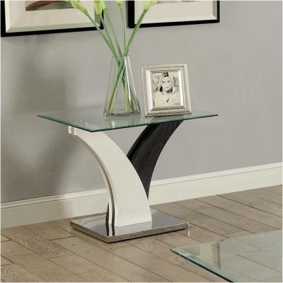 China Rectangular Base Design Curved U-Shaped Table Multi-Toned Colors End Table Stainless Steel Glass Abstract End Table for sale