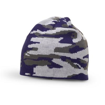 China COMMON 100% Acrylic Custom Woven Clip Label 6 Topseam Knit Camouflage Beanie Hat for sale