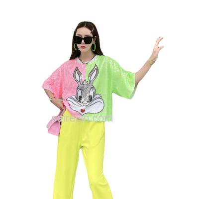 China Latest Anti-wrinkle Saireish Design Summer Cartoon Scrub Bunny Sequin Women Tops for sale