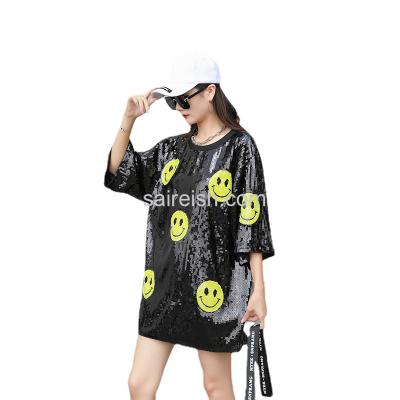 China Saireish Smiley Face Loose T-shirt Anti-Static Happy Sequin Tunic The Other Sexy Mini Dress for sale