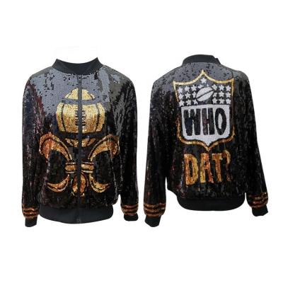 China Saireish Special Offer Saint New Orleans Breathable Black And Gold Sequin Bomber Jackets Womens Clothing Womens Jackets for sale