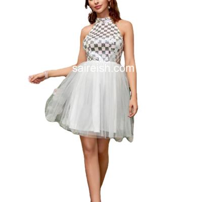 China Saireish Anti-Static Halter Plaid A Line White Party Short Sequin Dress For Women for sale