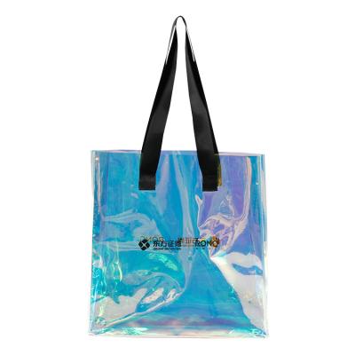 China Luxury Classic Custom Handled Fashion Holographic Logo Woman Iridescence PVC Shopping Bag for sale