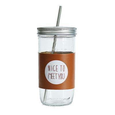 China Interesting Eco - Friendly Design 650ml Drinking Glass Mason Jar Mug With Leather Sleeve for sale