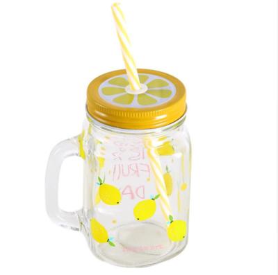 China Wholesale Viable Glass Mason Mug Jar Juice Bottle 480ml Square Clear Beverage Bottle With Handle And Straw for sale