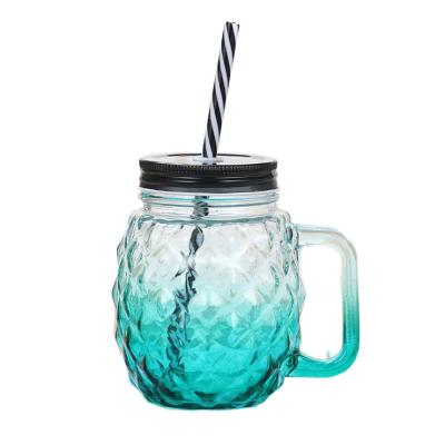 China 450ml Fancy Pineapple Glass Beverage Jar Wholesale Viable Clear Mason Mug with Handle and Straw for sale