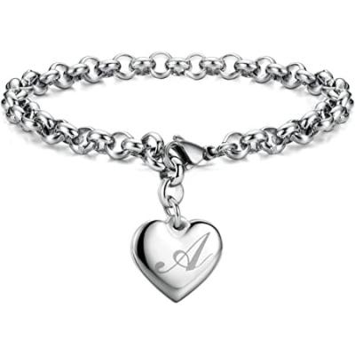 China Environmental Friendly Charm Bracelets Stainless Steel Heart 26 Letters Alphabet Initial Bracelet For Women Jewelry for sale