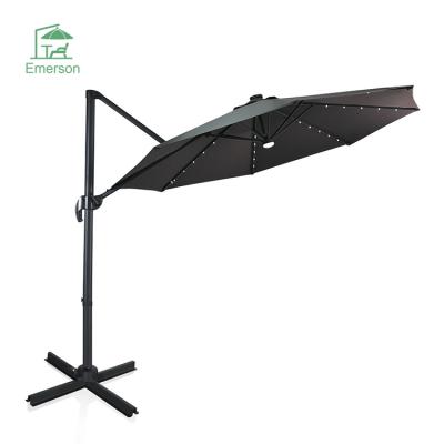 China EMERSON Garden Umbrella 10ft LED Solar Patio Cantilever Offset Umbrella with 360 Degree Rotation for sale