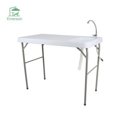 China EMERSON Outdoor Portable Fish Cleaning Table Plastic Folding Table Fish Net Cutting Tables with Sink and Faucet for sale