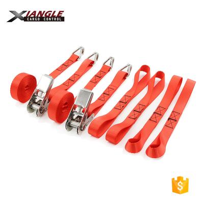 China Polyester SS 304 Ratchet 800kg Tie Down Cargo Lashing Straps With 4 PK Soft Buckle Sets for sale